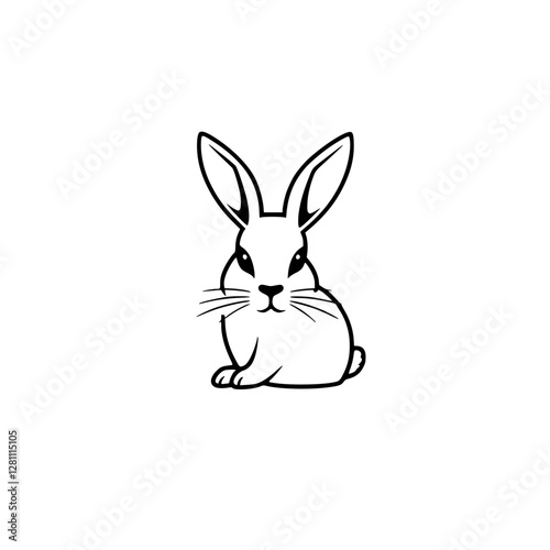Minimalistic black line drawing of a rabbit, poised and attentive, against a stark white backdrop.