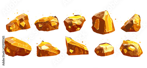 Vector gold nugget blocks of different shapes, cartoon game assets of golden ore, precious rocks for treasure and mine design, big jewel raw material pieces, yellow shiny textured gemstone