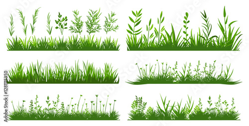 Vector green grass silhouette, cartoon lines of plants and shrubs for framing, eco and organic logo element, spring field planting shapes, lawn or borders, garden landscape, nature illustration
