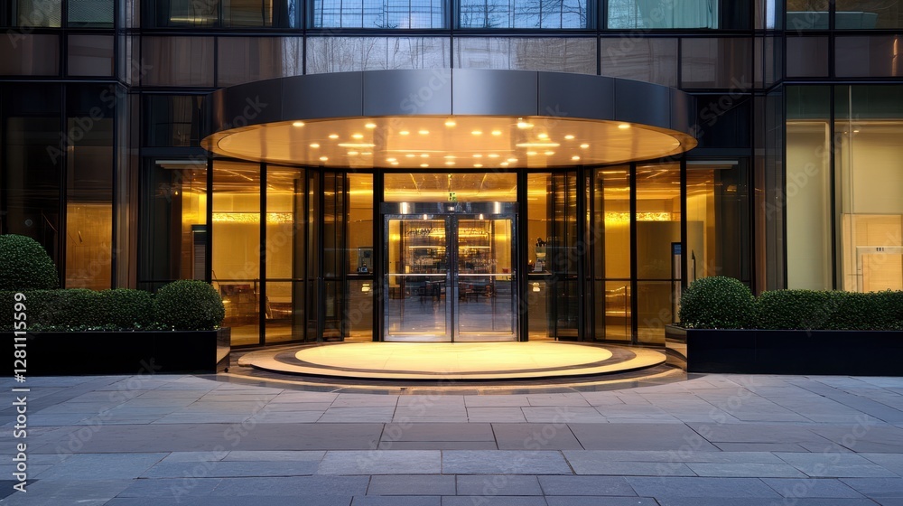 Fototapeta premium Aerial view showcasing a revolving glass door situated within a modern architectural building, highlighting its sleek design and functionality.