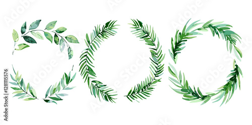 Green watercolor leaves vector, palm tree leaves wreaths, leafy branches, wedding invite decoration, holiday, elegant greenery, stylish set, editable illustration, botanical design elements