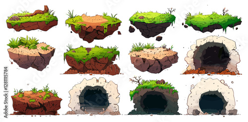 Earth hole vector, ground pits, big dig pit soil, mud land, garden, forest, deep underground, burrow entrance, cartoon, groundhog, holes set, excavation, underground tunnel, dirt cave