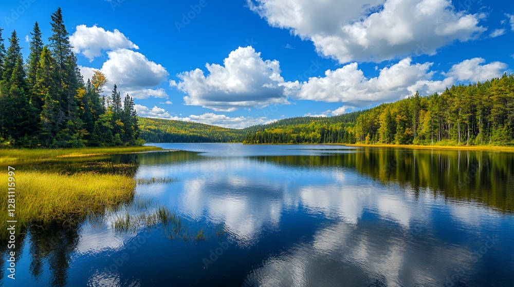 Fototapeta premium Serene Lake Reflection In Autumn Forest Under Blue Sky