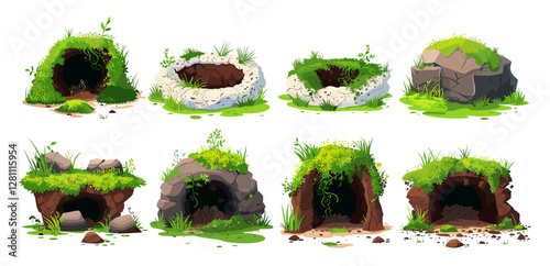 Vector big dig pit, ground pits soil, earth hole, mud land, garden, forest, animal burrow entrance, deep underground, cartoon, groundhog, holes set, ingenious illustration, nature, tunnel
