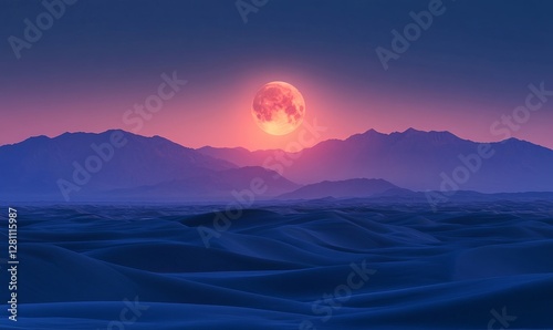 Enchanted Night: Full Moon Over Serene Desert Dunes and Silhouetted Mountains, Generative AI