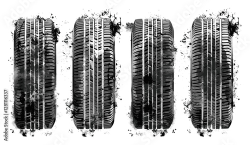 Vector tire tracks, wheel braking marks, car, motorcycle, truck tread pattern silhouettes, motorsport, auto race, drag racing, rally, dirt bike, off-road, drifting, grunge design, vector illustration