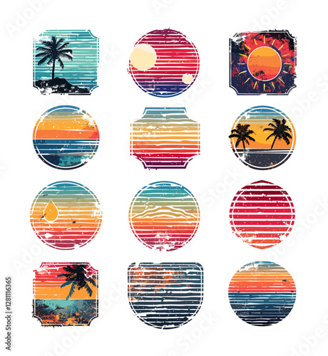 Vector grunge sunset collection, vibrant striped sunrise badges, 80s 90s style, ocean view, summer vibes, surfing, design, print, logo, t-shirt, retro, aesthetic, beach, emblem, illustration