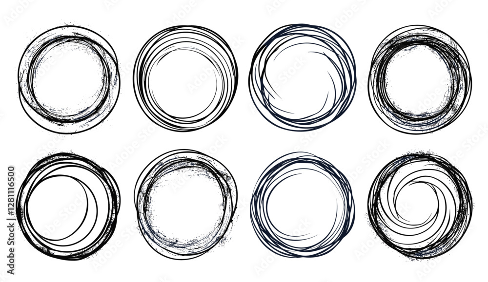Hand drawn circle line sketch set, vector circular scribble doodle, round circles for message note mark, pen or pencil graffiti bubble, ball draft illustration, abstract geometric shape, ink sketch Hand drawn circle line sketch set, vector circular scribble doodle, round circles for message note mark, pen or pencil graffiti bubble, ball draft illustration, abstract geometric shape, ink sketch