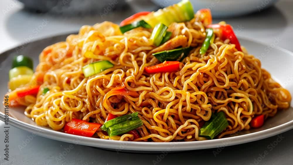 A plate of noodles with vegetables, in the style of Chinese cuisine, generative AI A plate of noodles with vegetables, in the style of Chinese cuisine, generative AI