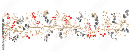 Lovely hand drawn vector seamless borders with winter branches, horizontal Christmas design, great for decorations, prints, cards, holiday pattern, festive ornaments, winter floral elements