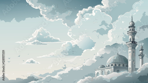 Watercolor clouds background, light gray and white, inspiring peaceful contemplation for Imsak with copy space  