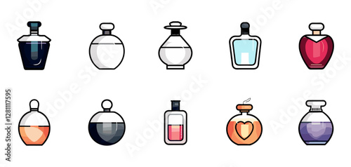 Perfume bottle vector icon set, fragrance perfume vector, line and glyph perfume bottle, scent bottle illustration, beauty fragrance icon, aroma bottle clipart, luxury perfume design