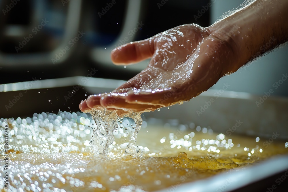 Fototapeta premium Hand splashing in water, creating droplets and ripples, representing cleanliness, refreshment, or playfulness