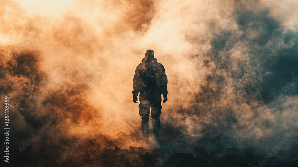 Fototapeta premium A warrior standing in a battlefield covered in thick.