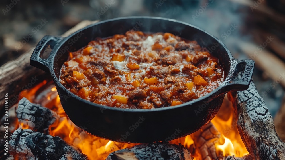 Fototapeta premium Rustic Hungarian Goulash Stewing in Cast Iron Pot Over Open Flames, Traditional Campfire Cooking, Generative AI