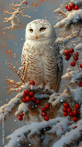 Majestic White Owl Perched on Snowy Pine Tree with Red Berries in Winter Wonderland, Generative AI