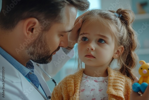 Check for fever. Male doctor touching girl forehead, child holding toy while visiting pediatrician at clinic, feeling unwell and sick, Generative AI