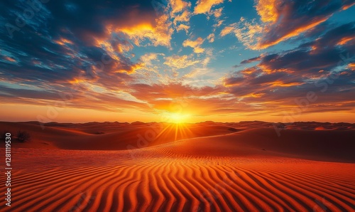 Sunset in the Desert with Golden Horizons and Scattered Clouds Over Barren Landscape, Capturing the Heat and Beauty of Nature for Travel Inspiration and Adventure, Generative AI