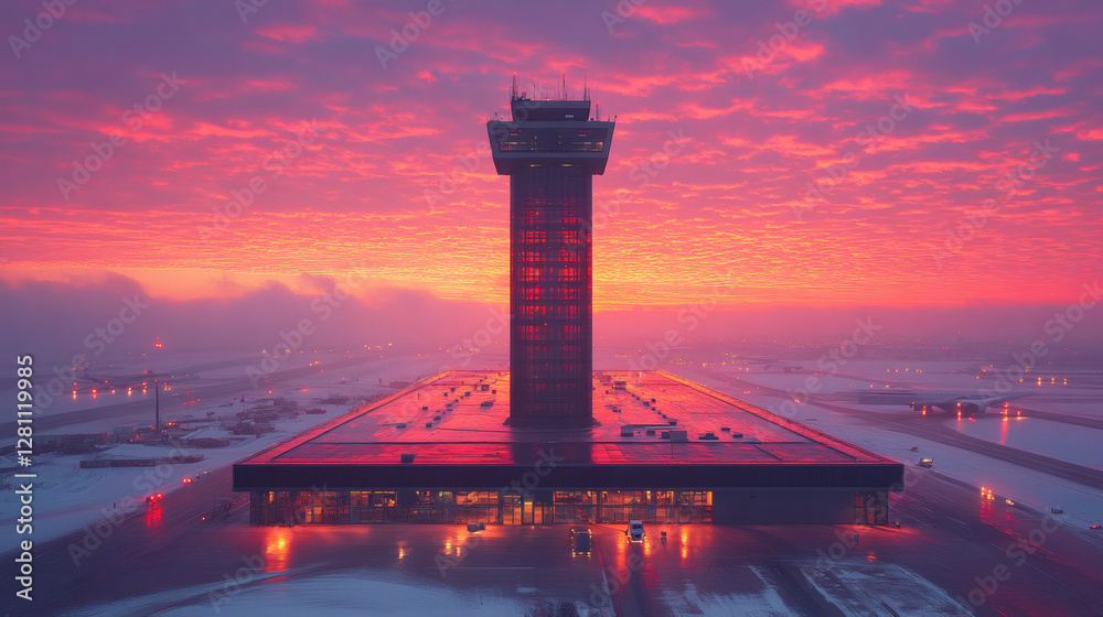 Obraz premium A stunning aerial view of an airport control tower at sunset, surrounded by colorful skies and reflecting lights on the surface