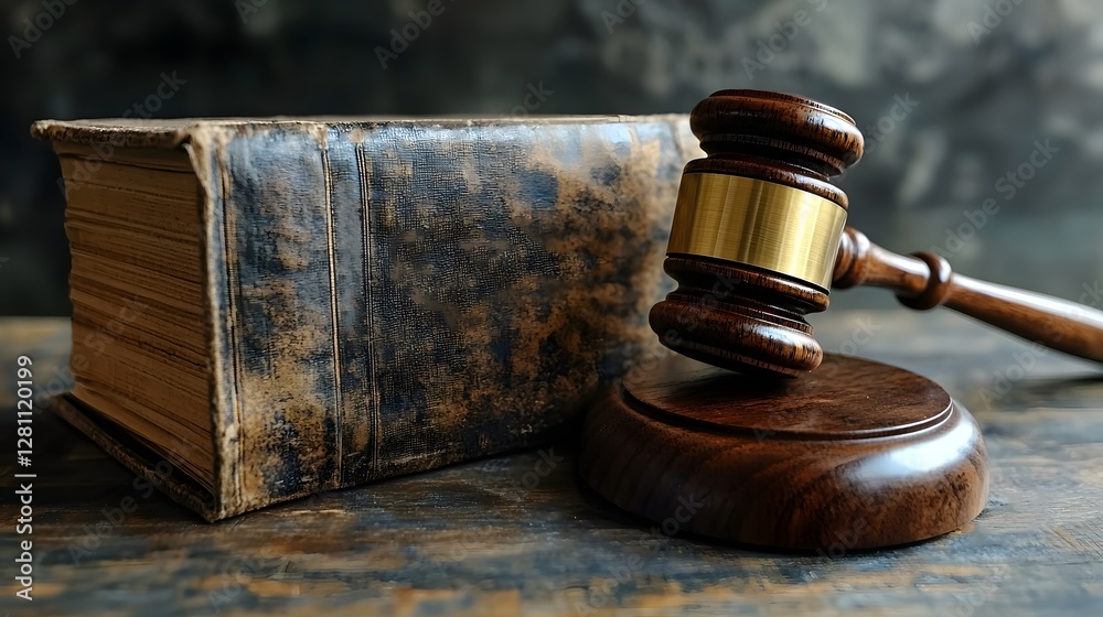 Gavel and Law Book on Wooden Table in Courtroom Setting Gavel and Law Book on Wooden Table in Courtroom Setting