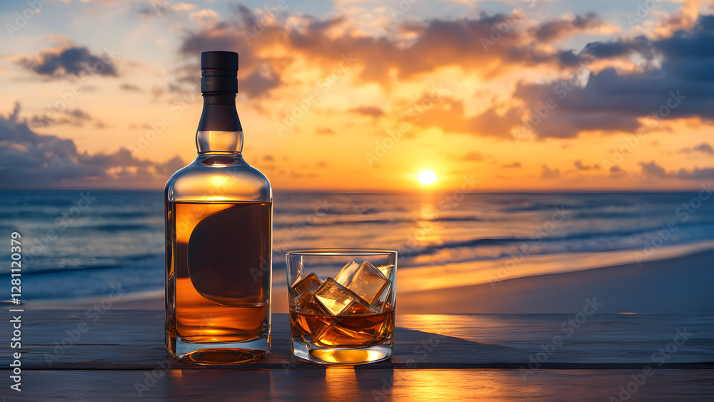 A bottle of whiskey and a glass of whiskey on a table by the ocean A bottle of whiskey and a glass of whiskey on a table by the ocean