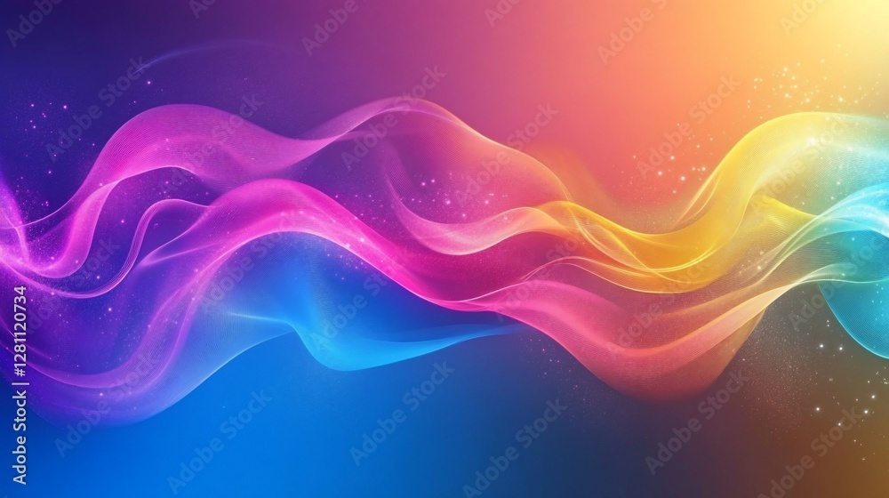 Abstract vibrant colorful wavy lines background with soft lighting and shimmering particles. Abstract vibrant colorful wavy lines background with soft lighting and shimmering particles.