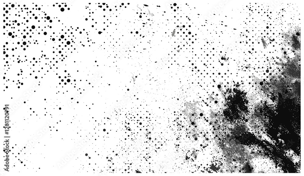 Monochrome abstract splattered background, vector texture overlay, subtle halftone effect, artistic design, textured surface, modern background, black and white pattern, visual texture. Monochrome abstract splattered background, vector texture overlay, subtle halftone effect, artistic design, textured surface, modern background, black and white pattern, visual texture.