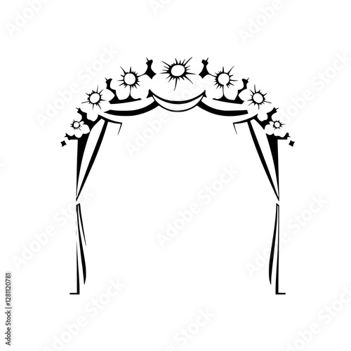 Floral Archway: Black and White Illustration with Flower Adornment and Drapery