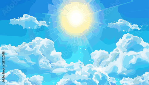 Sunny vector background, bright blue sky with white clouds, clear summer day, white clouds, summer weather, blue sky, sunny day, outdoor scene, fresh air, puffy clouds, clear weather