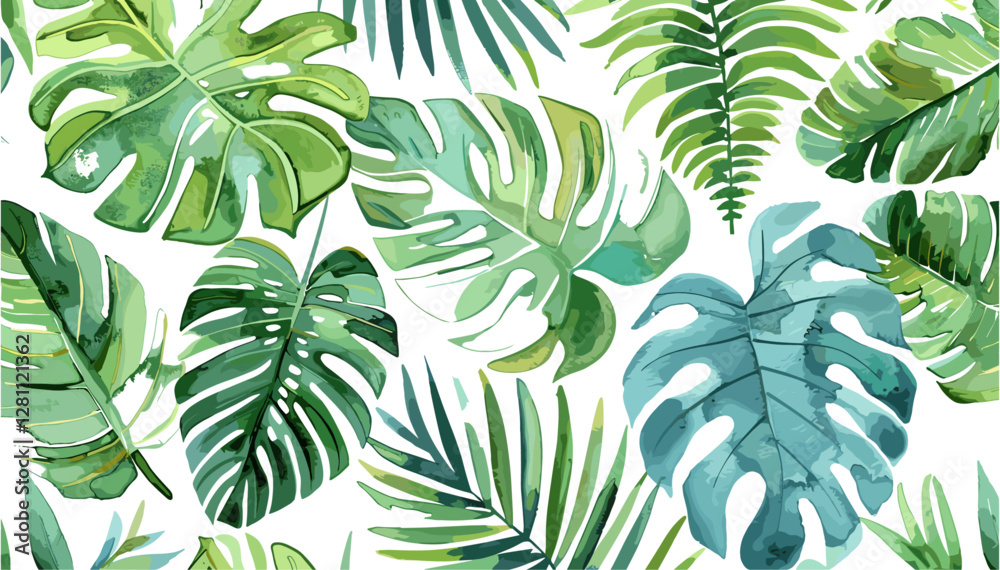 Fototapeta premium Tropical seamless pattern with leaves, vector watercolor background with tropical foliage, exotic jungle plants, palm banana monstera leaf pattern, summer botanical wallpaper, textile design