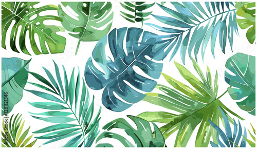 Watercolor tropical seamless pattern with leaves, vector jungle foliage background, exotic palm monstera banana leaf, floral summer print, botanical wallpaper, textile wrapping paper,