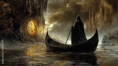Death rowing in a boat on the river styx in the underworld