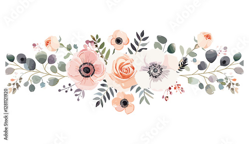 Watercolor designer element set, floral bouquet, wedding invite card, peach, creamy rose, Eucalyptus branch, anemone, lavender, wax flower, greenery, berries, elegant design