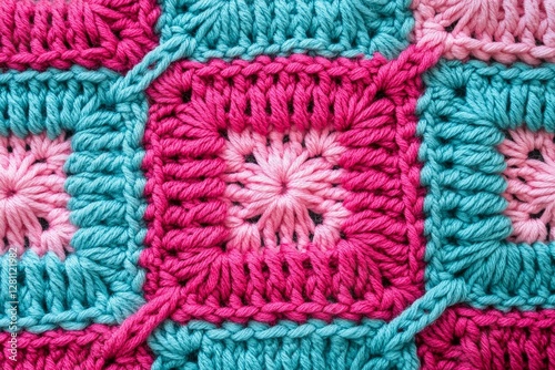 Closeup of Vibrant Pink and Teal Crochet Granny Square Blanket Texture