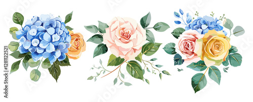 Editable watercolor style flower bouquet set, blush peach rose, yellow garden rose, blue hydrangea, eucalyptus leaves, elegant wedding card design, floral decorations, invite elements.