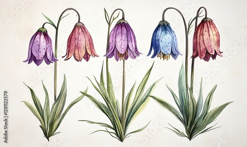 Colorful Watercolor Illustration of Fritillaria Meleagris Flowers on White Canvas - Botanical Art for Nature Lovers and Garden Enthusiasts, Generative AI