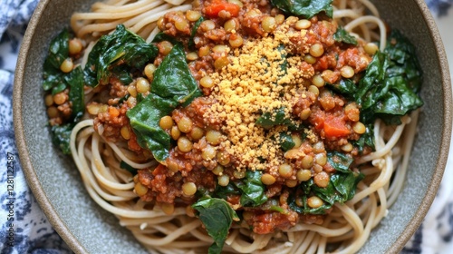 vegan athlete meals plant-based protein meal prep A hearty bowl of spaghetti topped with spinach, lentils, and a sprinkle of seasoning.