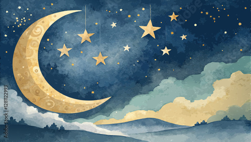  crescent moon and stars background, deep blues and golds, symbolizing guidance and hope during Imsak moment with copy space 
