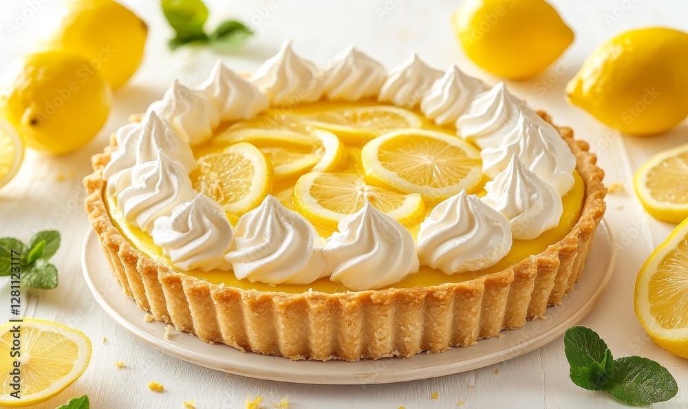 Golden Crust Lemon Meringue Pie with Zesty Lemon Filling on White Background - Close-Up of Dessert with Whipped Peaks and Baked Meringue Perfect for Culinary, Pastry, and Recipe, Generative AI Golden Crust Lemon Meringue Pie with Zesty Lemon Filling on White Background - Close-Up of Dessert with Whipped Peaks and Baked Meringue Perfect for Culinary, Pastry, and Recipe, Generative AI