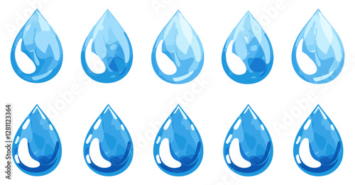 Water or oil drop. Blue water drops set vector. Flat style water drop shape. Isolated on white background, crystal drop, fresh water, dew drop, clear drop, moisture, aqua drop, fluid drop