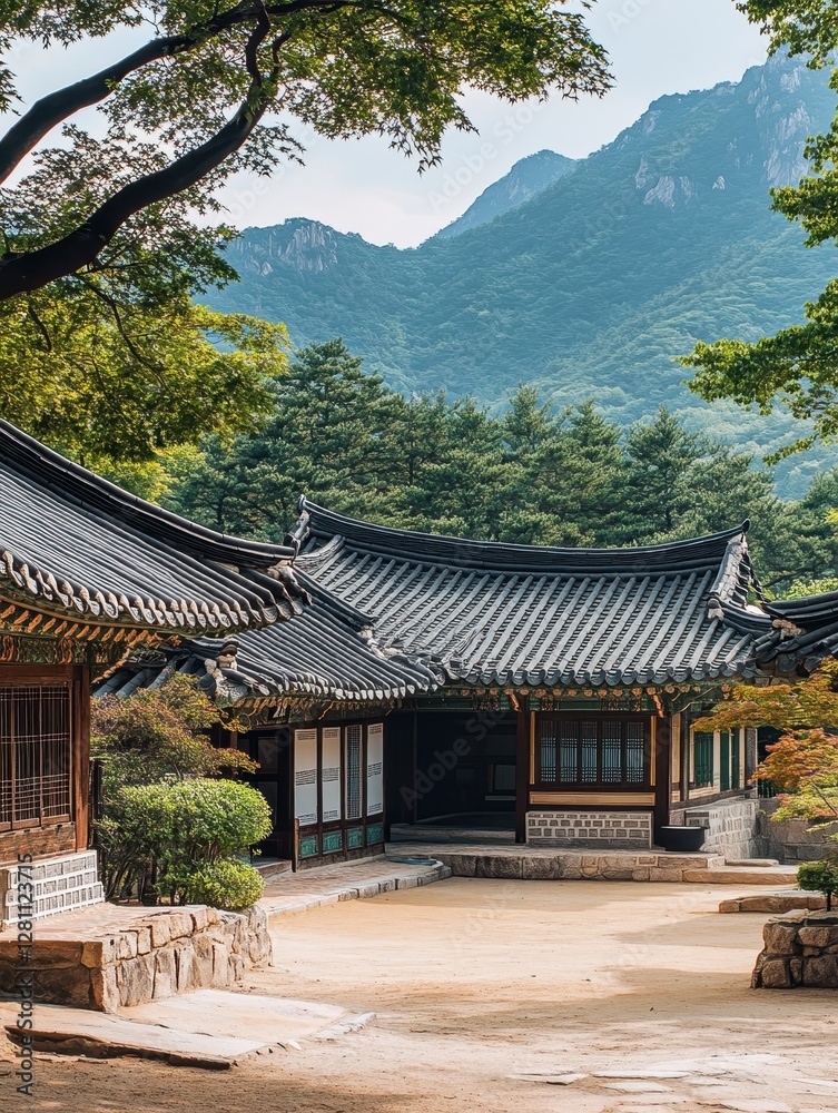 An ancient Asian palace exhibits a beautiful landscape with mountains An ancient Asian palace exhibits a beautiful landscape with mountains