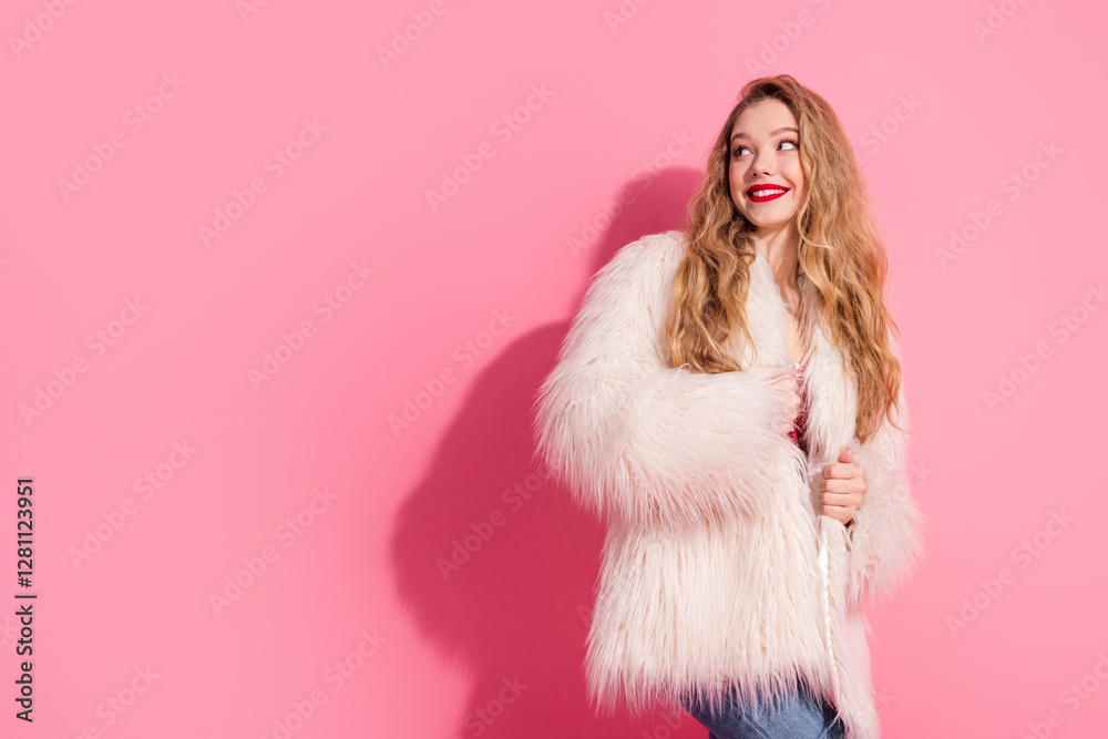Stylish woman in fuzzy coat against pink background exuding charm and confidence Stylish woman in fuzzy coat against pink background exuding charm and confidence