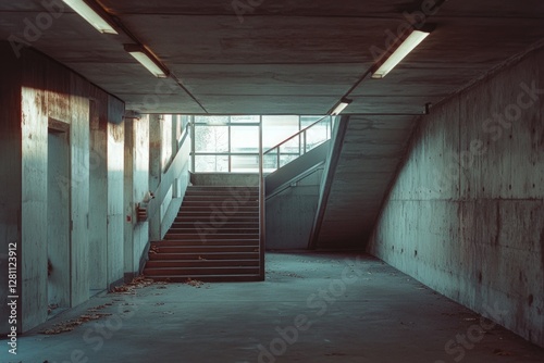An abandoned concrete stairwell with a set of stairs in the center and walls lined with fluorescent lights.