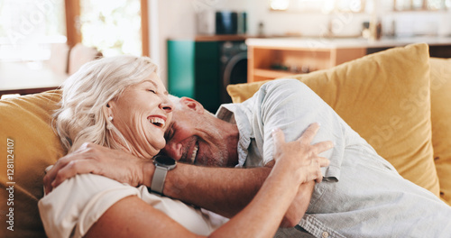 Senior couple, hug and laugh with care, support and embrace for bonding on living room sofa together. Happy mature man, woman and smile for romance, weekend break and funny joke in retirement home