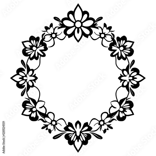 Circular floral frame in a black and white vector image, ornamental and symmetric design.