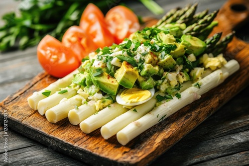 Close-up of a gourmet asparagus salad with avocado, tomato and quinoa. Fresh ingredients on a wooden board, suggesting health benefits.