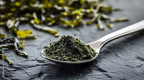 A spoonful of ground bladderwrack powder, ready to be used as a supplement