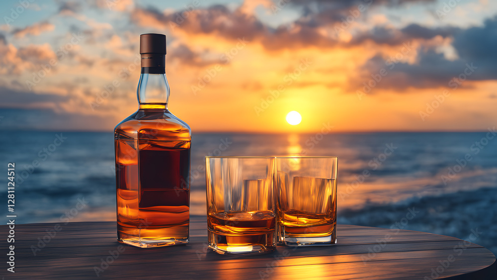 A bottle of whiskey and two glasses of whiskey are on a table by the ocean A bottle of whiskey and two glasses of whiskey are on a table by the ocean