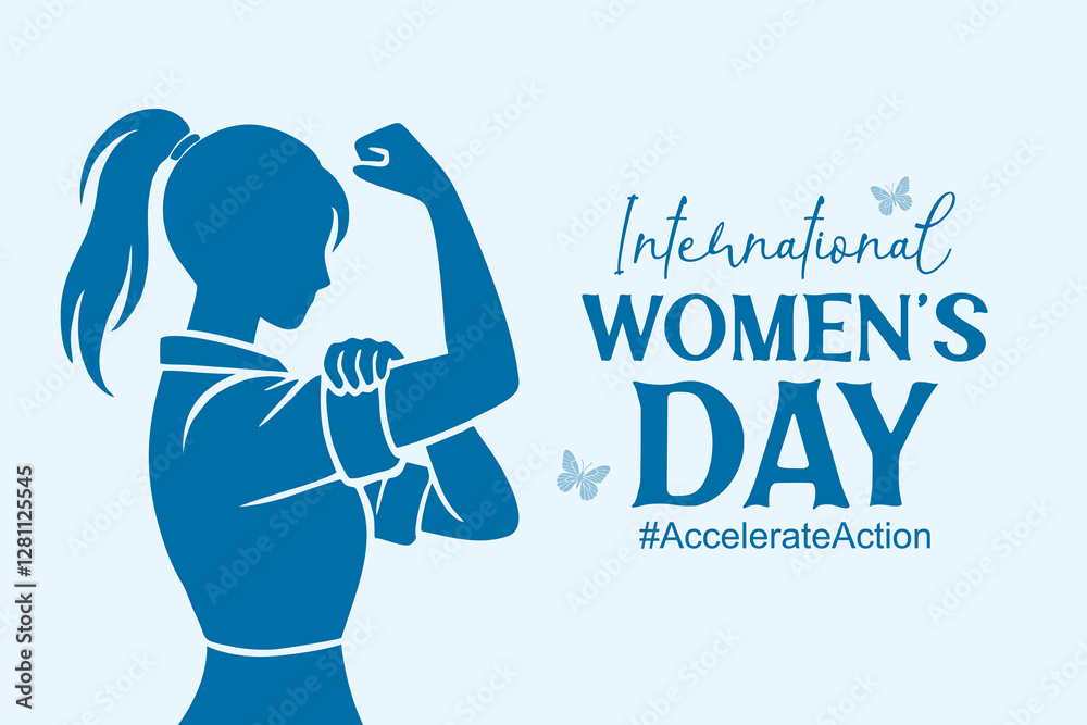International Womens Day 8 March. Campaign 2025 #AccelerateAction. Female silhouette flexing her arm to show strength and empowerment. Flat vector illustration, horizontal banner. International Womens Day 8 March. Campaign 2025 #AccelerateAction. Female silhouette flexing her arm to show strength and empowerment. Flat vector illustration, horizontal banner.