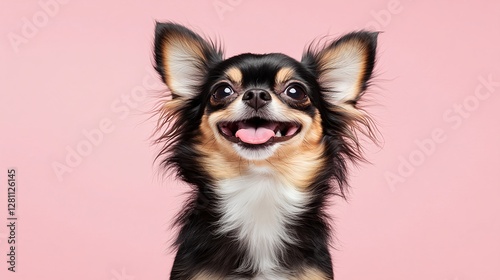 Happy Black and Brown Chihuahua Puppy Portrait on Pink Background